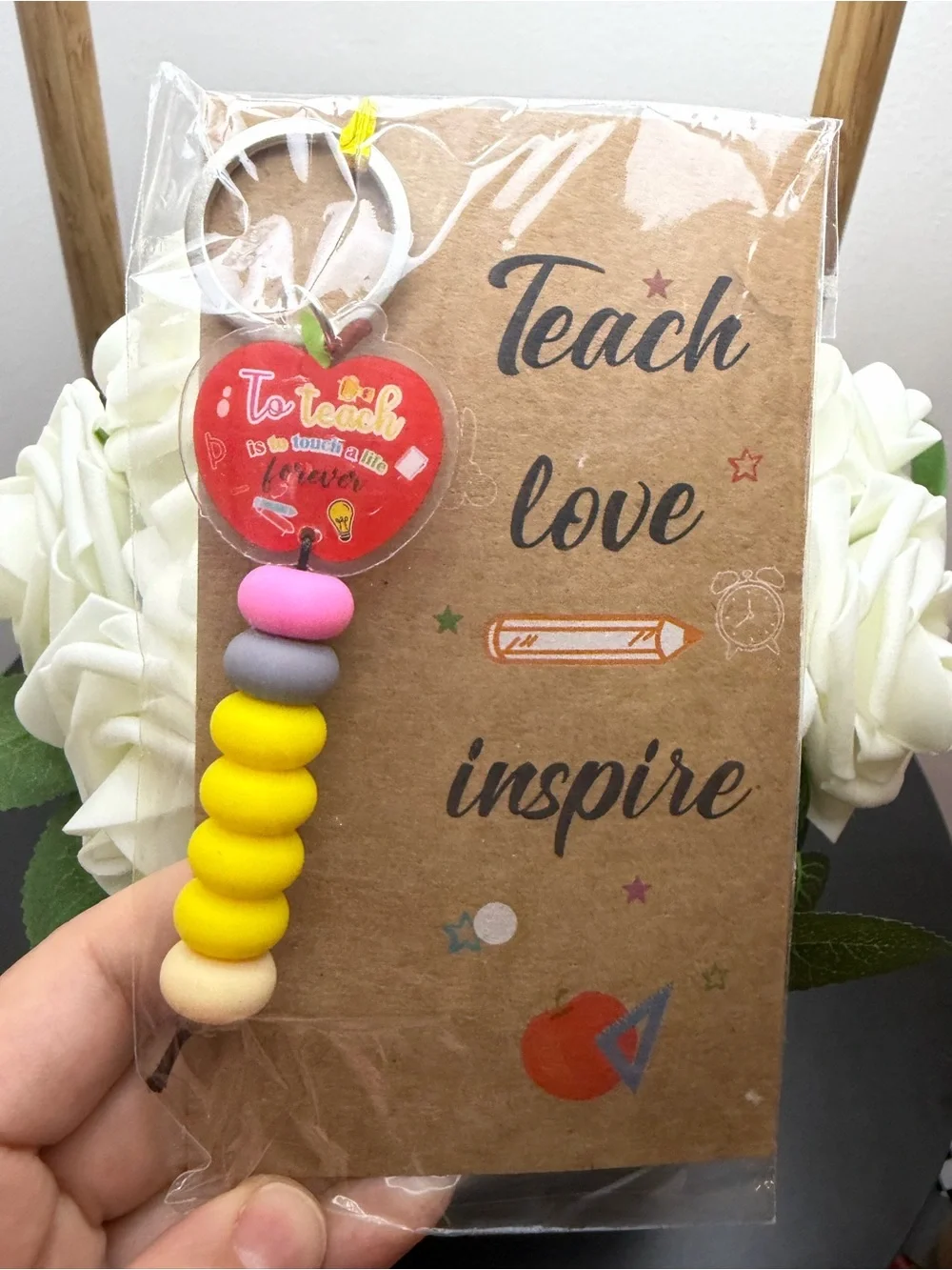 Teach Love Inspire Yellow & Pink Teacher Keychain